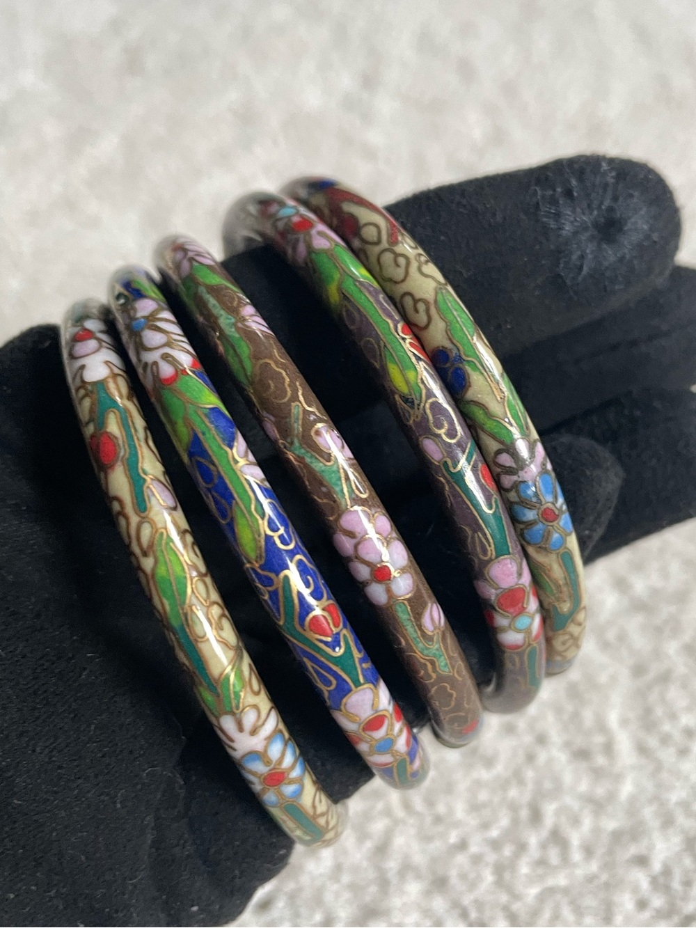 Vintage Cloisonné Floral Enamel Five Bangle Bracelet Multicolor Set